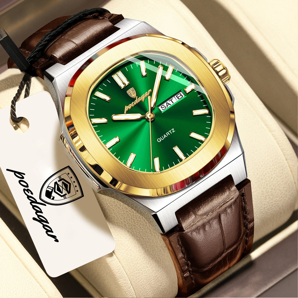 POEDAGAR Luxury Square Men Wristwatch Luminous Waterproof Week Date Male Clock Leather Quartz Casual Fashion Men's Watches Reloj