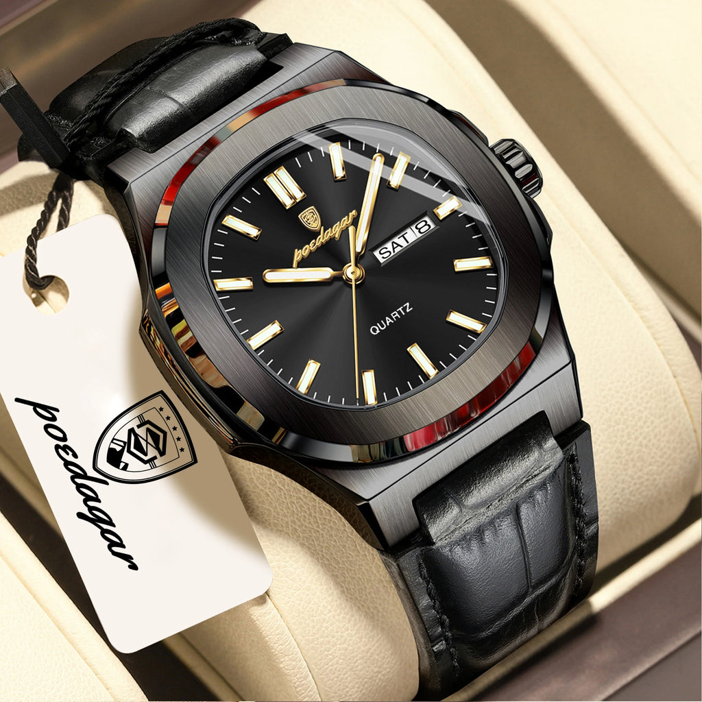 POEDAGAR Luxury Square Men Wristwatch Luminous Waterproof Week Date Male Clock Leather Quartz Casual Fashion Men's Watches Reloj