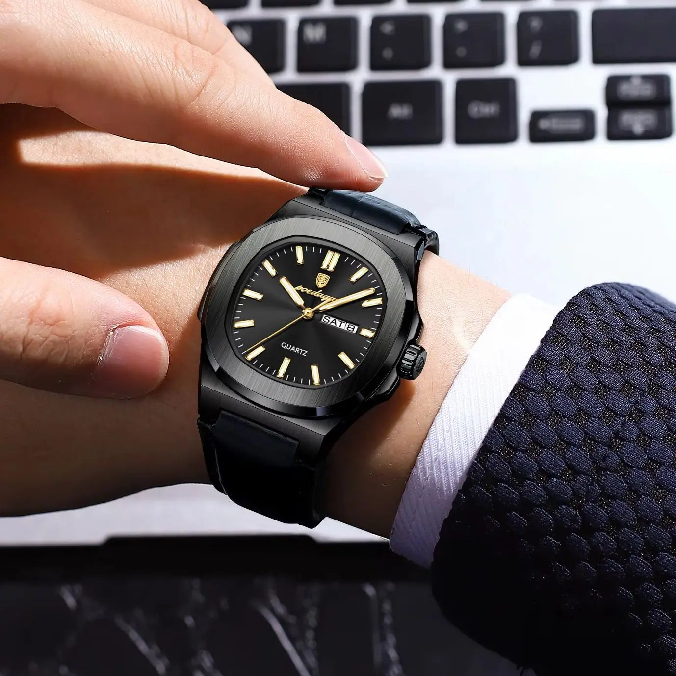 POEDAGAR Luxury Square Men Wristwatch Luminous Waterproof Week Date Male Clock Leather Quartz Casual Fashion Men's Watches Reloj