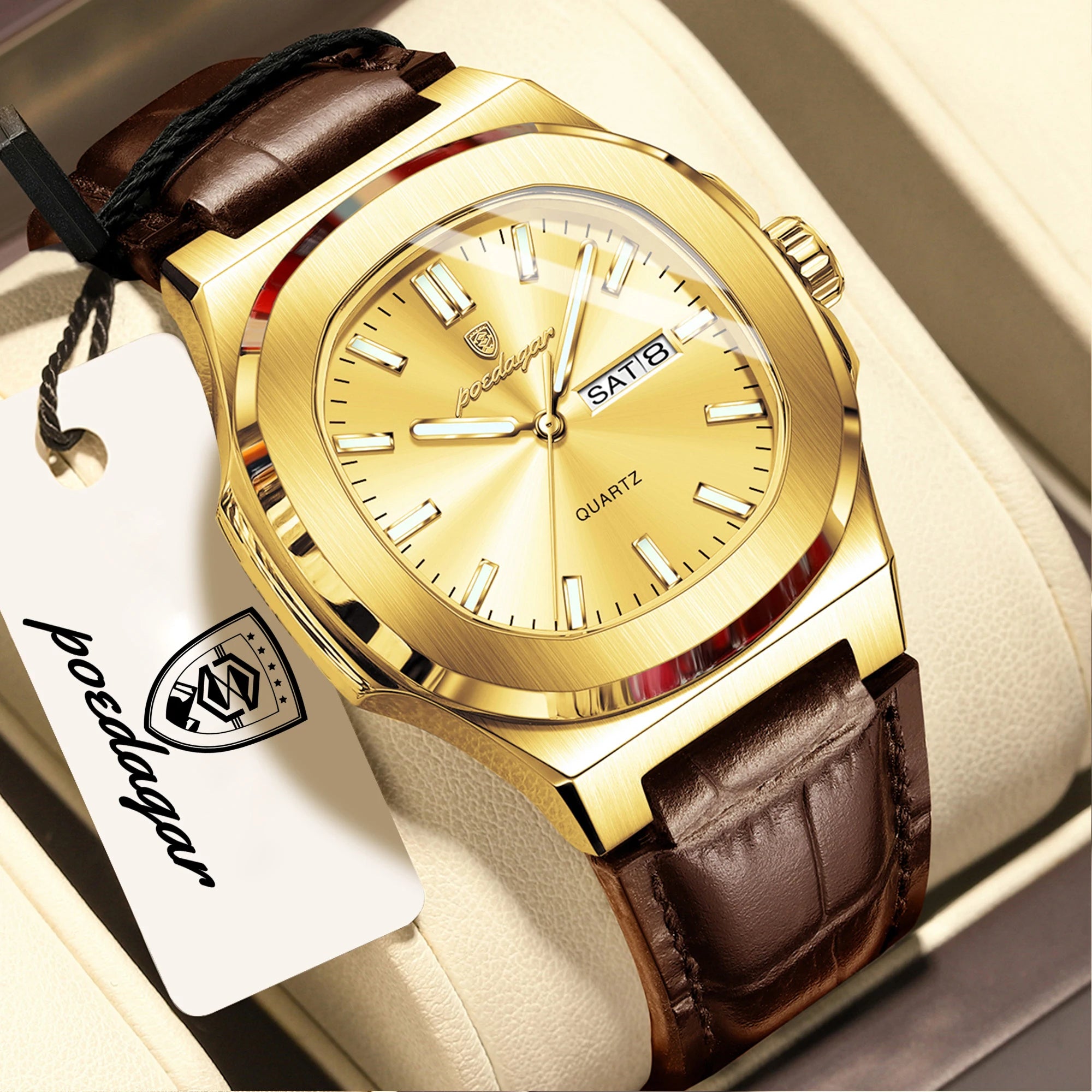 POEDAGAR Luxury Square Men Wristwatch Luminous Waterproof Week Date Male Clock Leather Quartz Casual Fashion Men's Watches Reloj