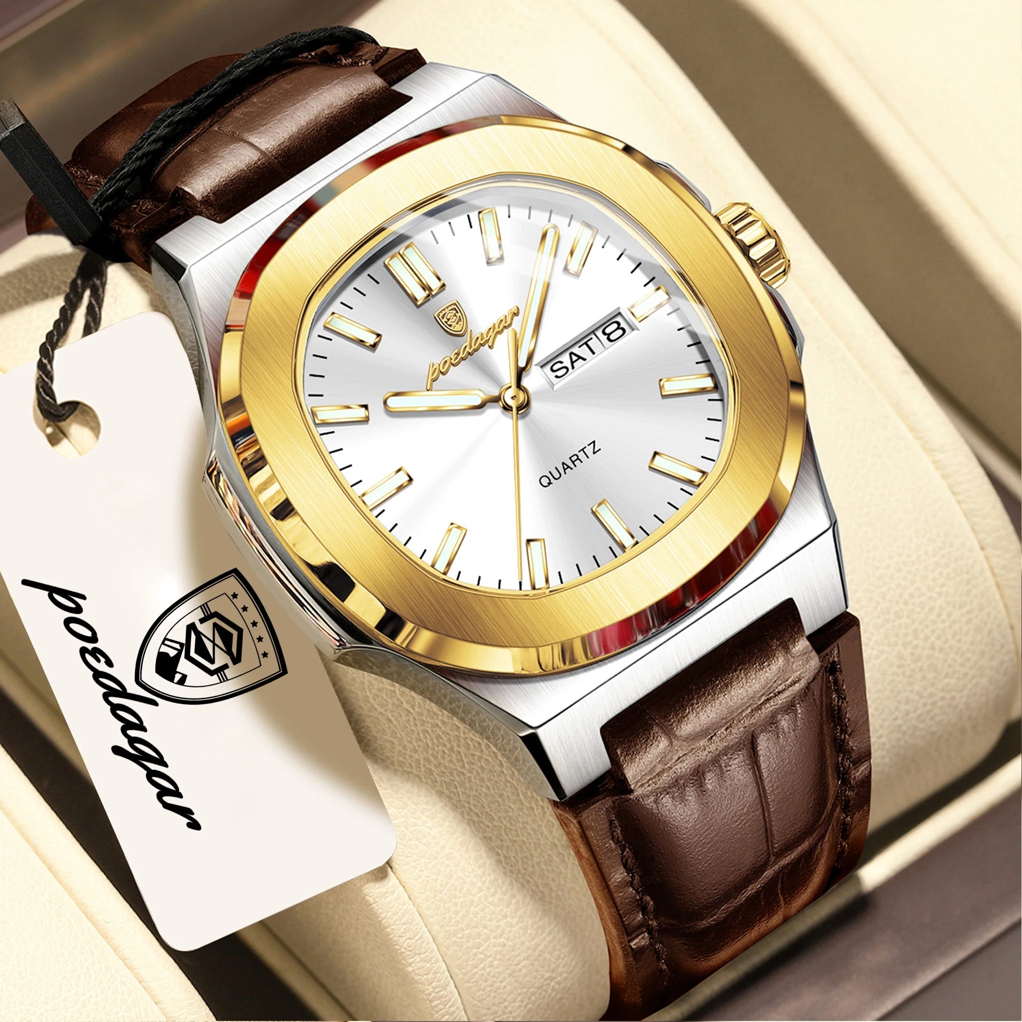 POEDAGAR Luxury Square Men Wristwatch Luminous Waterproof Week Date Male Clock Leather Quartz Casual Fashion Men's Watches Reloj