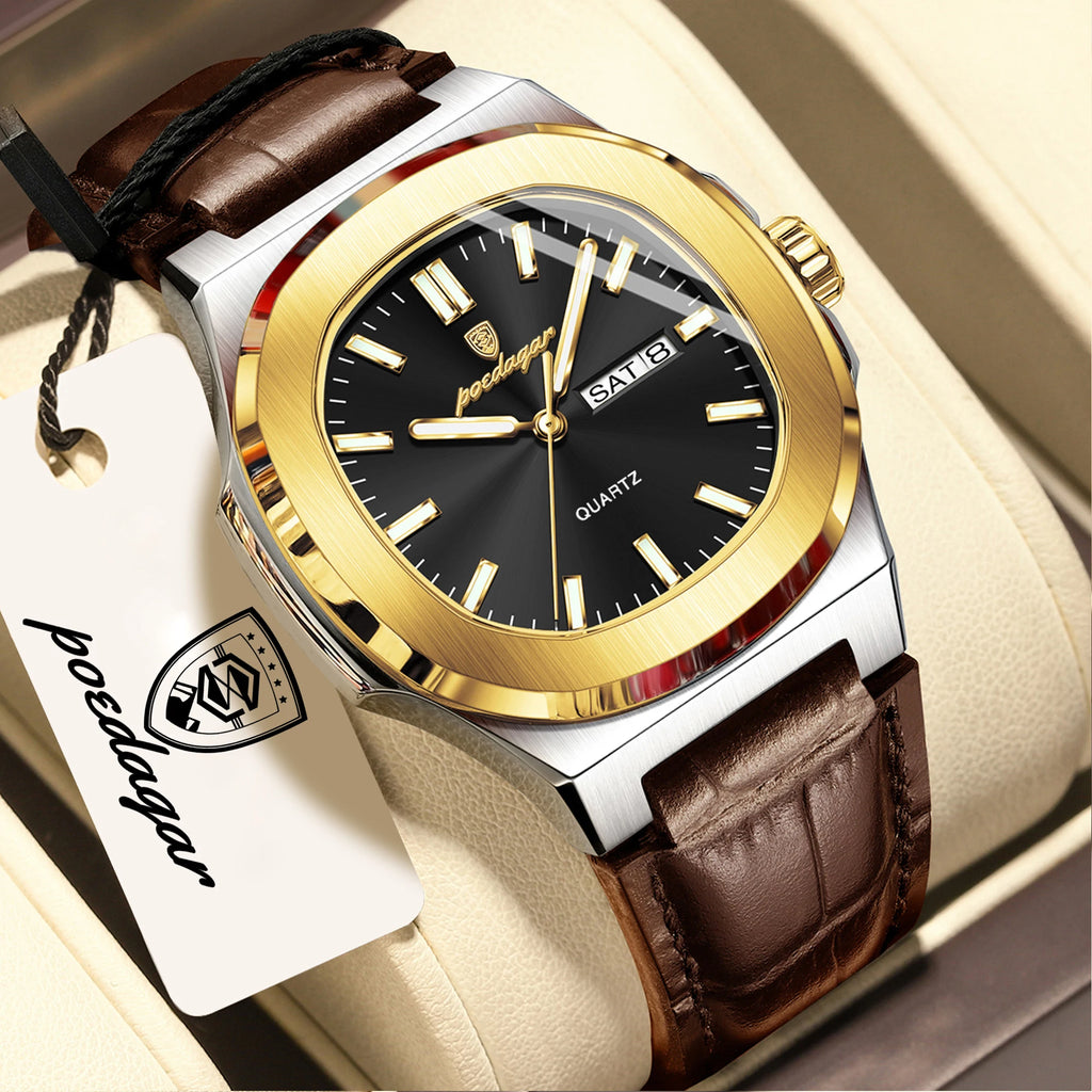POEDAGAR Luxury Square Men Wristwatch Luminous Waterproof Week Date Male Clock Leather Quartz Casual Fashion Men's Watches Reloj