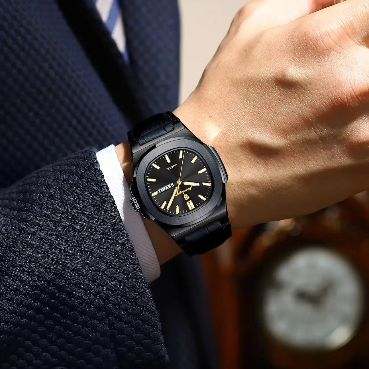 POEDAGAR Luxury Square Men Wristwatch Luminous Waterproof Week Date Male Clock Leather Quartz Casual Fashion Men's Watches Reloj