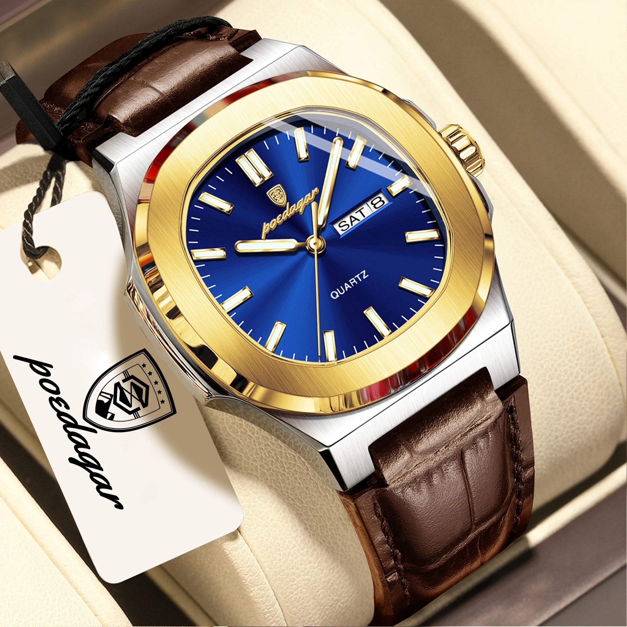 POEDAGAR Luxury Square Men Wristwatch Luminous Waterproof Week Date Male Clock Leather Quartz Casual Fashion Men's Watches Reloj