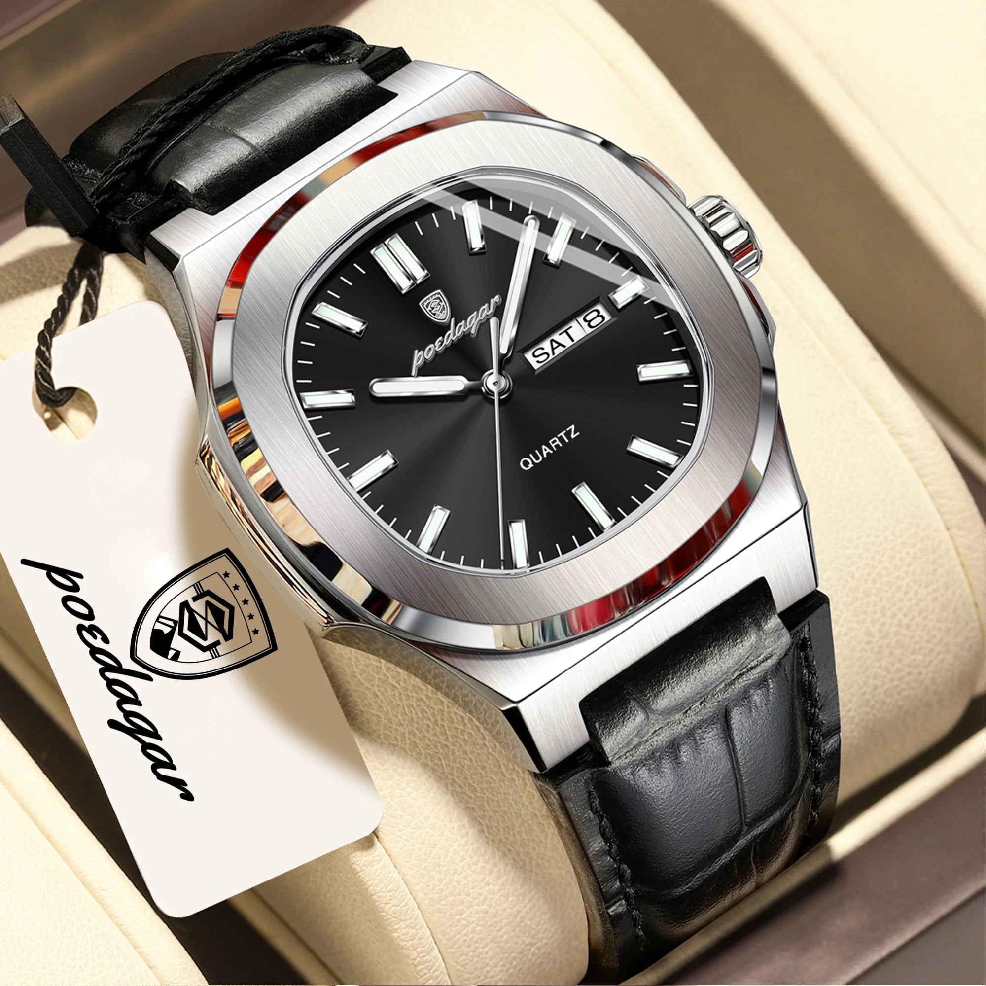 POEDAGAR Luxury Square Men Wristwatch Luminous Waterproof Week Date Male Clock Leather Quartz Casual Fashion Men's Watches Reloj