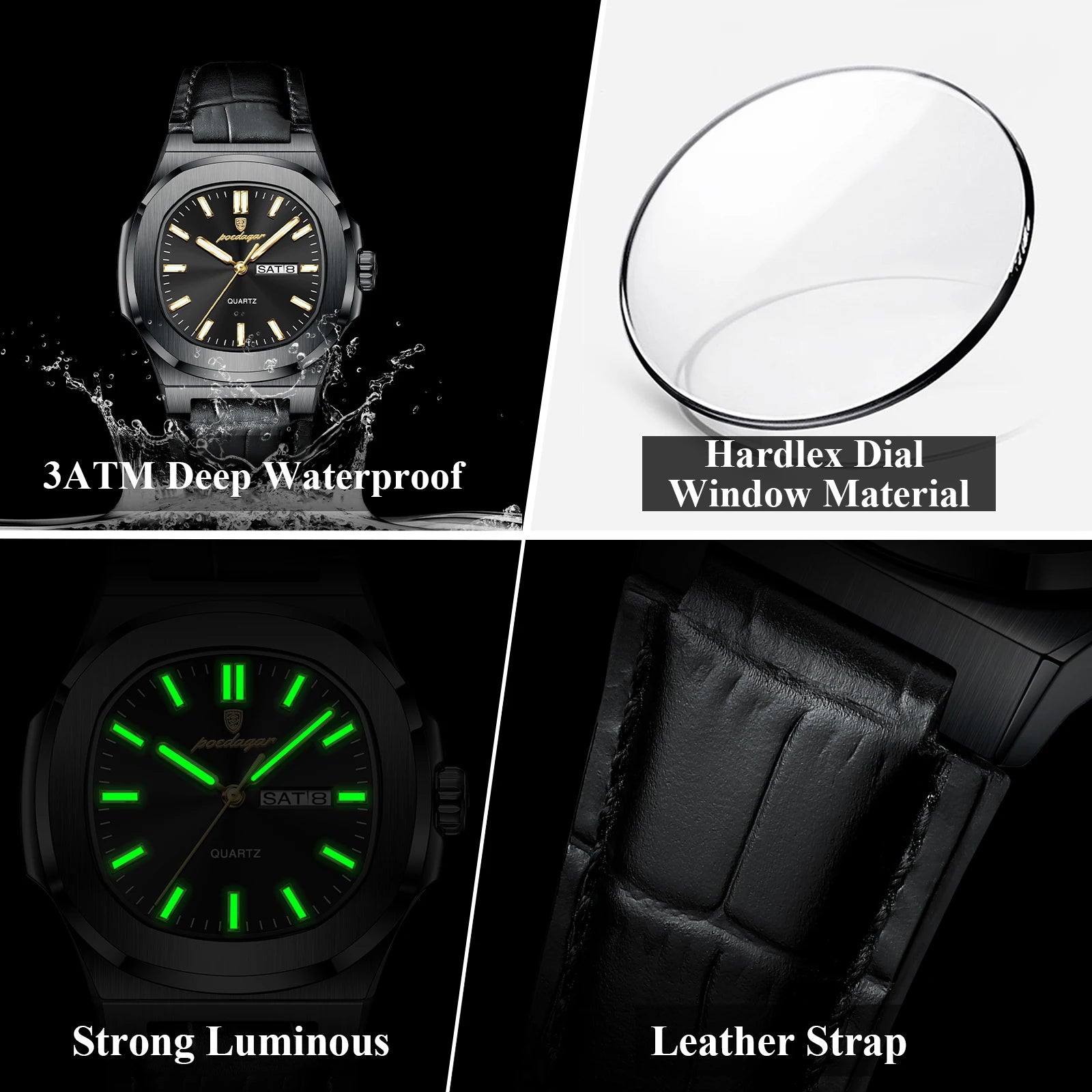 POEDAGAR Luxury Square Men Wristwatch Luminous Waterproof Week Date Male Clock Leather Quartz Casual Fashion Men's Watches Reloj