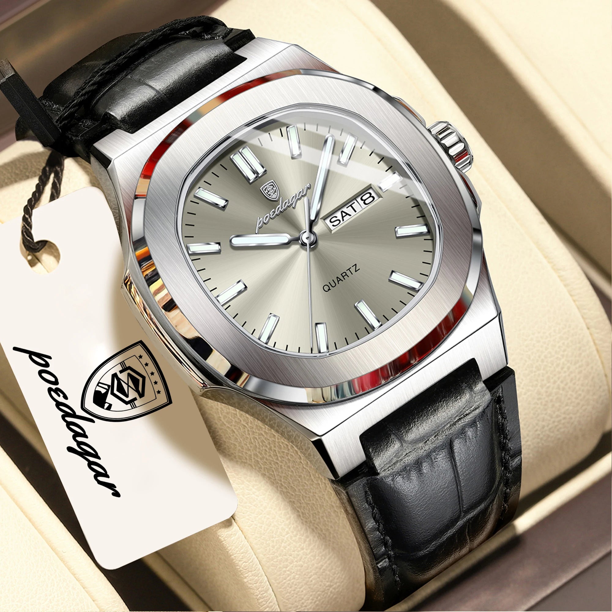 POEDAGAR Luxury Square Men Wristwatch Luminous Waterproof Week Date Male Clock Leather Quartz Casual Fashion Men's Watches Reloj