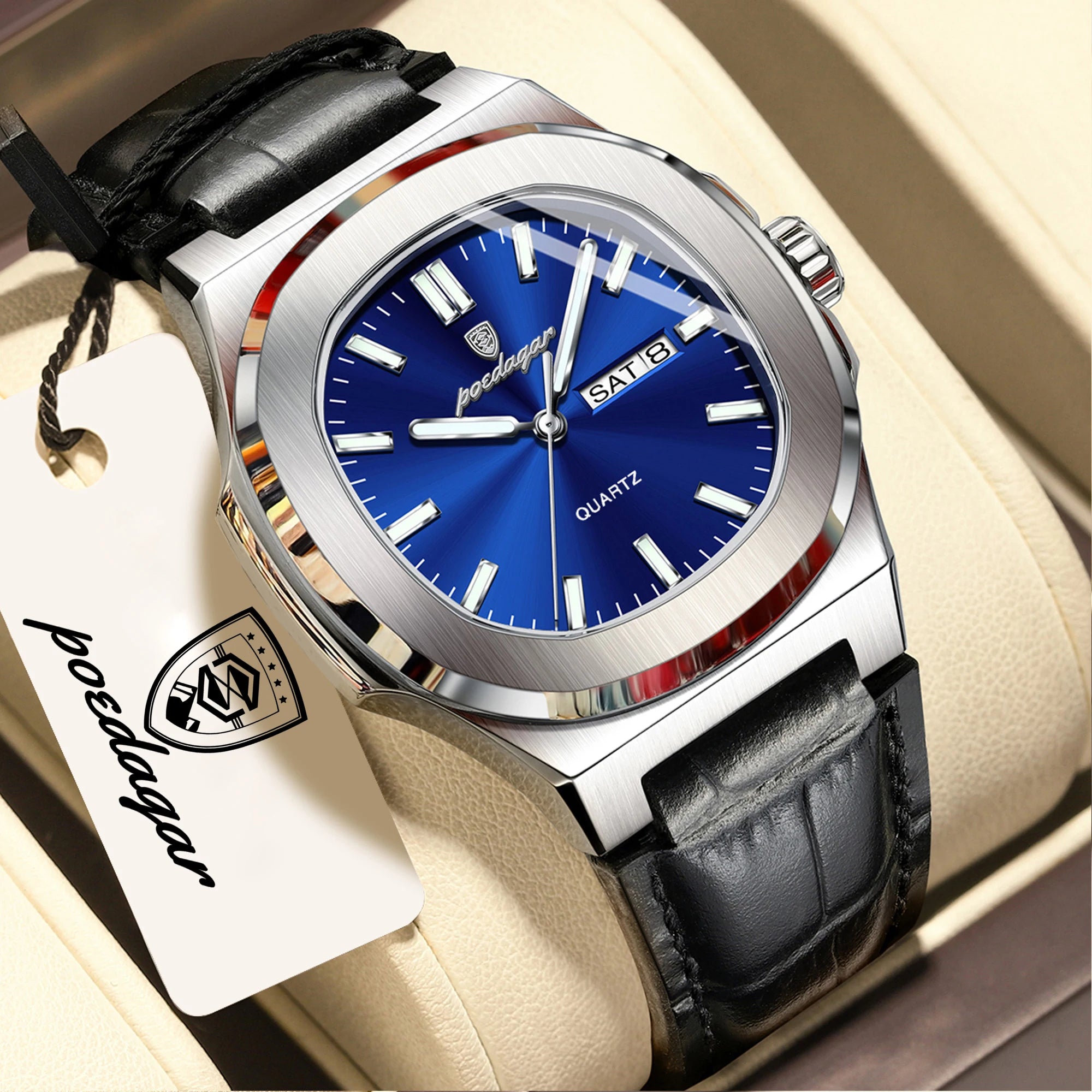 POEDAGAR Luxury Square Men Wristwatch Luminous Waterproof Week Date Male Clock Leather Quartz Casual Fashion Men's Watches Reloj