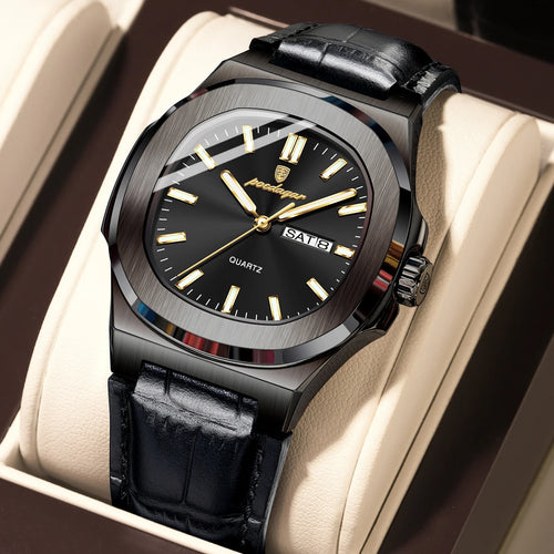POEDAGAR Luxury Square Men Wristwatch Luminous Waterproof Week Date Male Clock Leather Quartz Casual Fashion Men's Watches Reloj