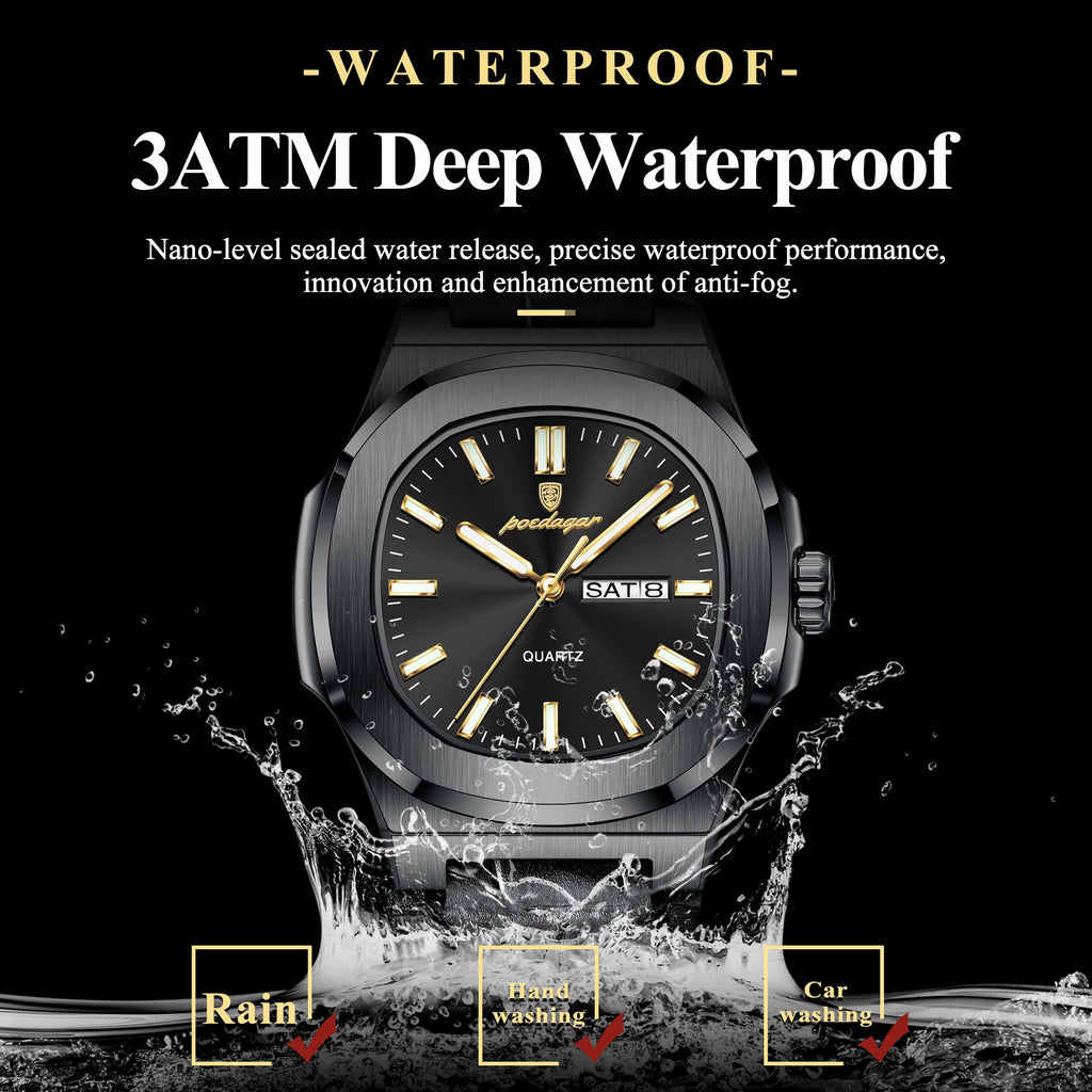 POEDAGAR Luxury Square Men Wristwatch Luminous Waterproof Week Date Male Clock Leather Quartz Casual Fashion Men's Watches Reloj