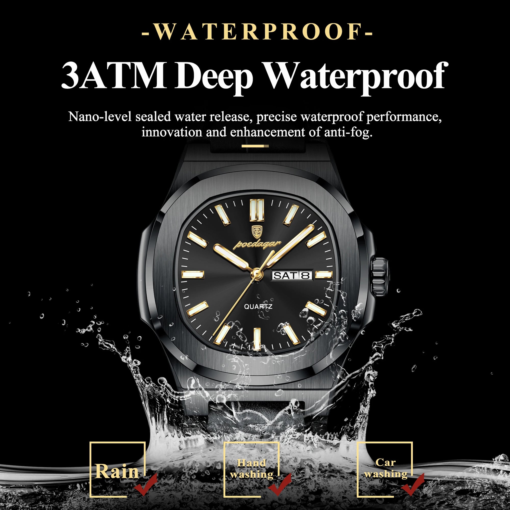 POEDAGAR Luxury Square Men Wristwatch Luminous Waterproof Week Date Male Clock Leather Quartz Casual Fashion Men's Watches Reloj